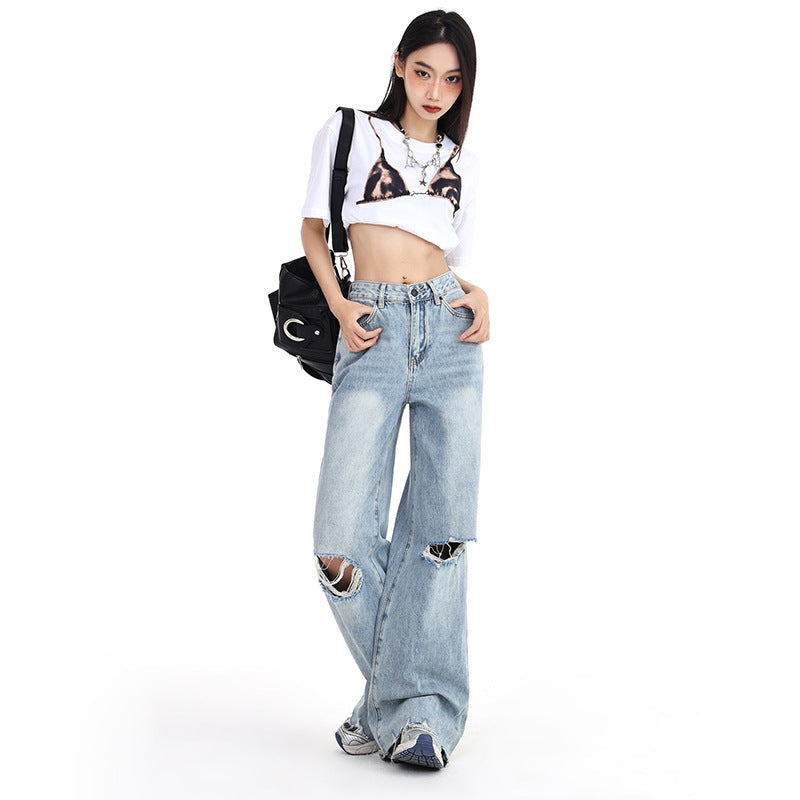 summer outfits inspo Spring and Summer New American Retro Loose Wide-Leg Pants Tassel Trendy Cool Straight Ripped Jeans for Women Jeans