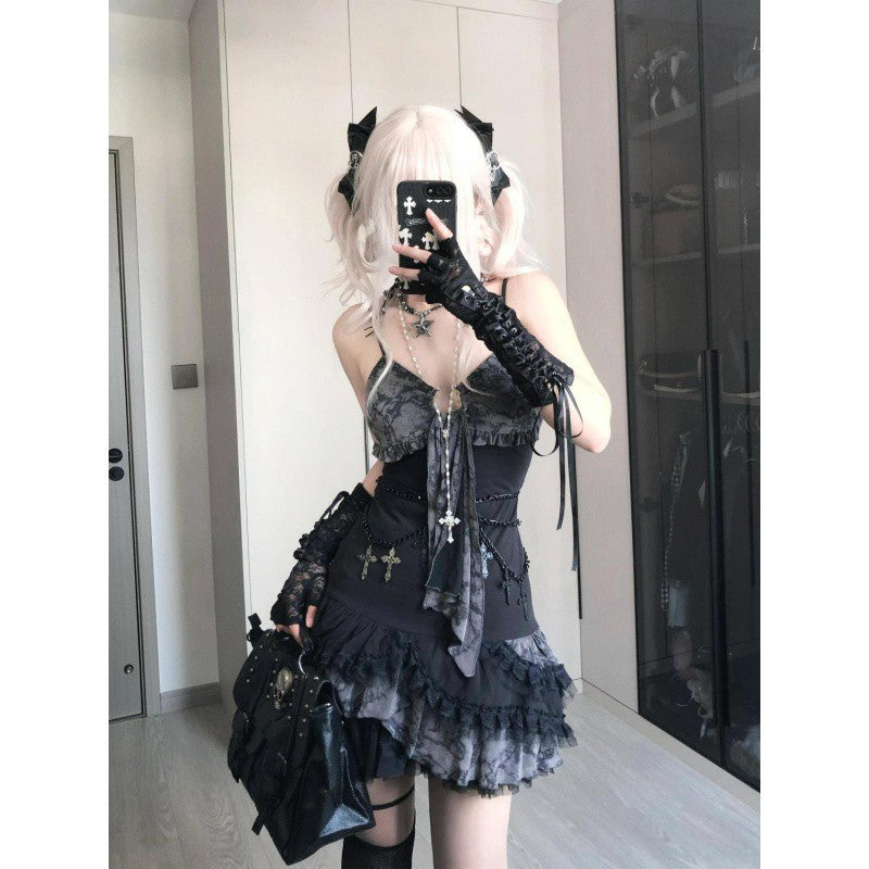 y2k outfits Summer Fashion Hot Girl Asian Culture Slimming Contrast Color Suspender Skirt New Design Sense Lace Stitching Dress Women