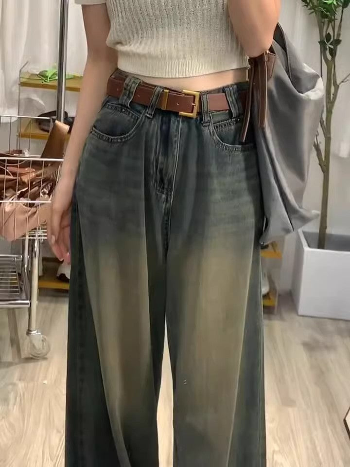 concert outfit Plus Size American High Street Wide Leg Jeans Women's Retro Draping Slimming Loose High Waist Straight Mop Pants