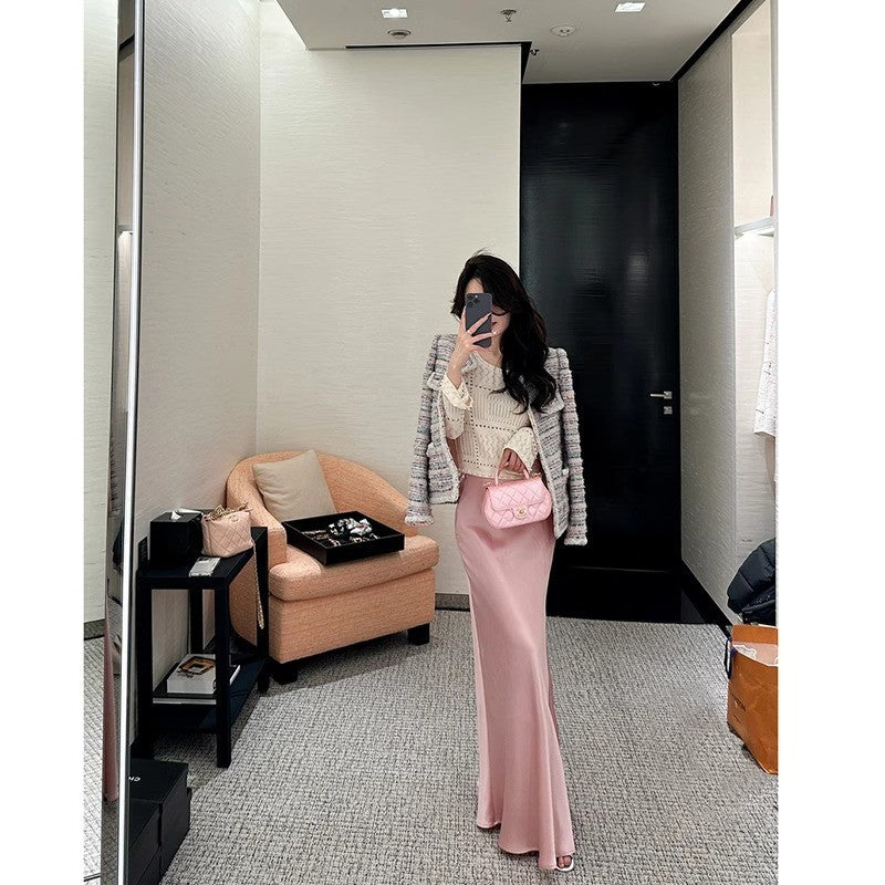 business casual outfits French Ice Silk Mid-Length Satin Skirt Women's 2024 Summer Pear-Shaped High Waist A- line Acetate Fishtail Skirt