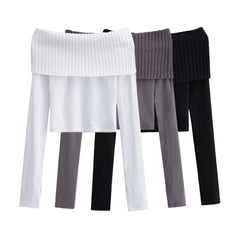 dream clothes Autumn and Winter New Women's Hot Girl off-Neck Stitching Long-Sleeved T-shirt