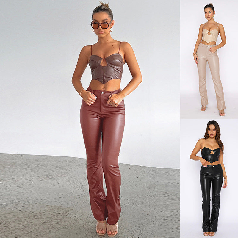 trending fall outfits 2024 Women's Ins Autumn New Solid Color PU Leather Casual Pants Sexy Slim High Waist Flared Pants for Women