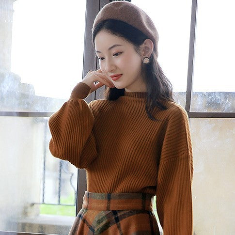 fall outfits women aesthetic Half Turtleneck Brown Lantern Long Sleeve Sweater + Plaid Woolen Skirt Suit Retro Two-Piece Set