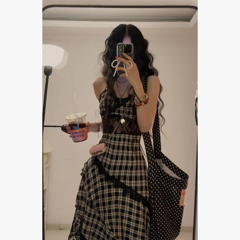 harajuku fashion dress to impress Black and White Plaid Lace Stitching Dress Irregular Strap Dress Women's Summer Jeans Stacked Hot Girl Skirt