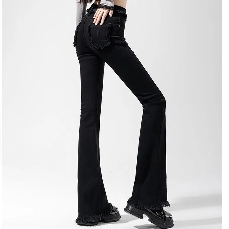 y2k outfits Korean Style Spring and Autumn New High Waist Slimming Jeans Design Tassel Stretch Micro Flared Pants All-Matching Trousers