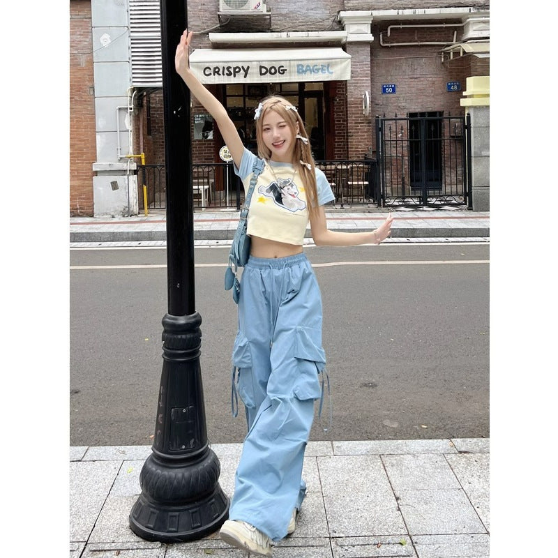 outfit ideas for school American Retro Overalls Women's Summer High Waist Straight Wide Leg Pants Design Loose Casual Mopping Pants