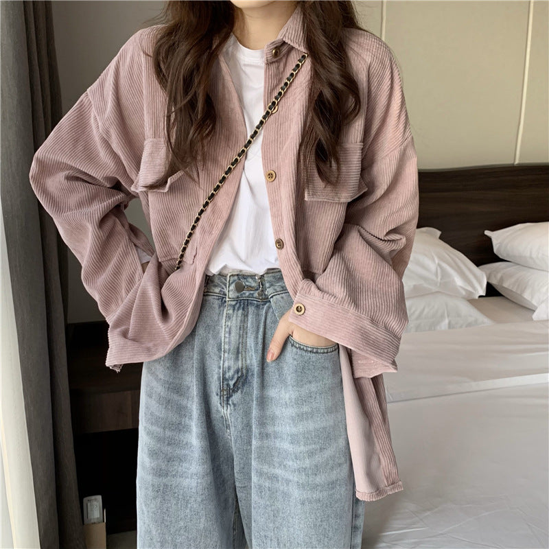 fall outfits aesthetic Early Spring Loose Mid-Length Shirt Retro Hong Kong Style Long Sleeve Corduroy Coat Women's Clothing Design Sense Niche Shirt