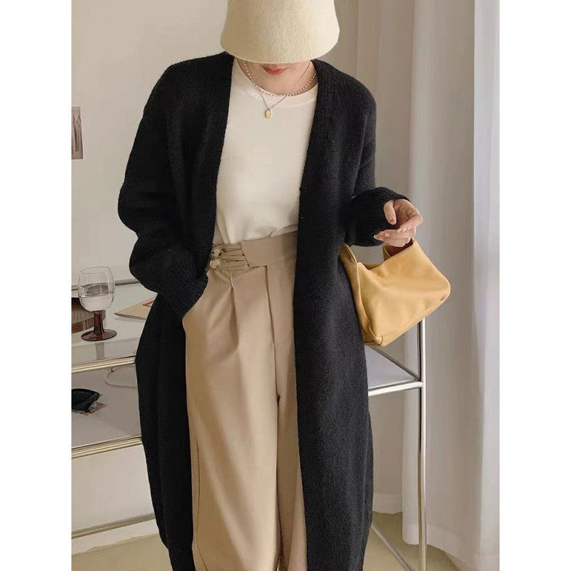 black sweater dress outfit Knitted Cardigan Women's Spring and Autumn Simple Lazy Style Loose Mid-Length over-the-Knee Sweater Coat Top