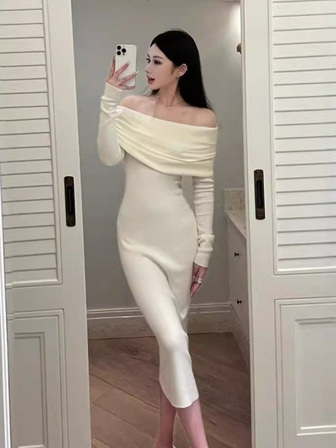 long sweater dress outfit Gentle Style White Soft Glutinous off-Shoulder Sweater Dress Autumn and Winter Elegant Slim-Fit off-Shoulder Bottoming Knitted Dress