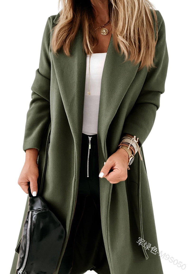 business casual outfits 2024 Autumn and Winter New Extended Woolen Women's Coat plus Size Lace-up Coat