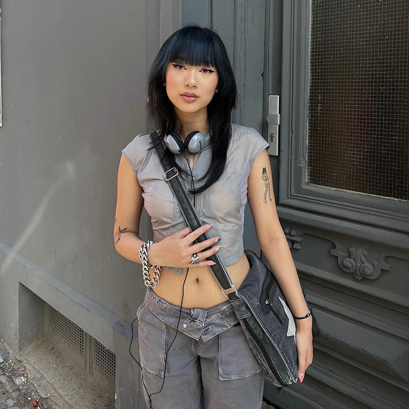 y2k outfits Street Retro Style Low Waist Denim Overalls Star Print Large Pocket Straight Casual Pants