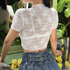 dress to impress outfits Elegant Short-Sleeved Lace Dam Flower and Wood Ear Short T-shirt Slimming Top Women's Clothing