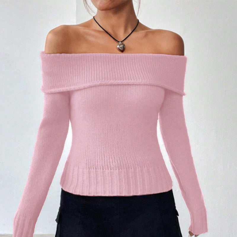 dream clothes off-Shoulder off-Shoulder Sweater Autumn and Winter Solid Color Thread Slim-Fit Long Sleeve Sweater