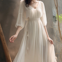 combo dress White Chiffon Long Sleeve Dress Spring Unique Super Nice Waist French Princess Dress Long Dress