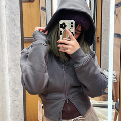 fashion outfits Autumn and Winter New Double Zipper Fleece-lined Jacket Women's Polar Fleece Hooded Sweater Tight Waist Knitted Cardigan Warm Coat Slimming