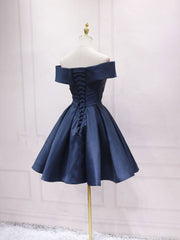 BXOXO Simple Off Shoulder Satin Dark Blue Short Prom Dress, Blue Homecoming Dress