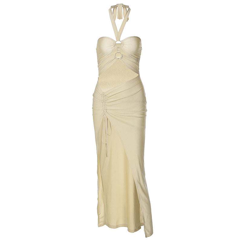 funky yellow sunglasses Women's Summer New Solid Color Wrapped Chest Halter Lace-up Ring Connection Hollow Slit Dress