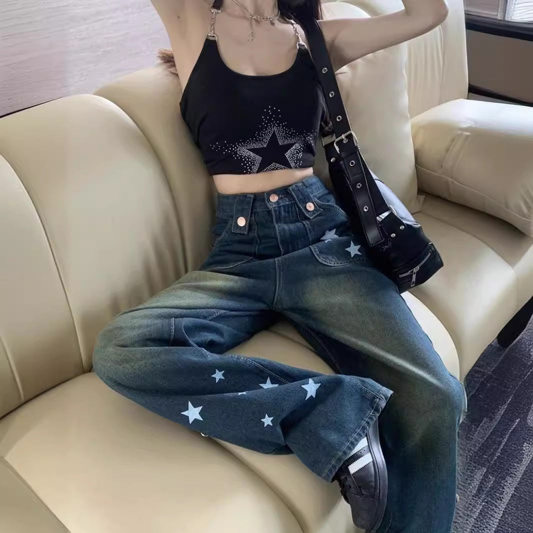 shamar Star Straight Jeans American Retro High Waist Slimming Trendy Fashionable Mopping Wide Leg Pants for Women