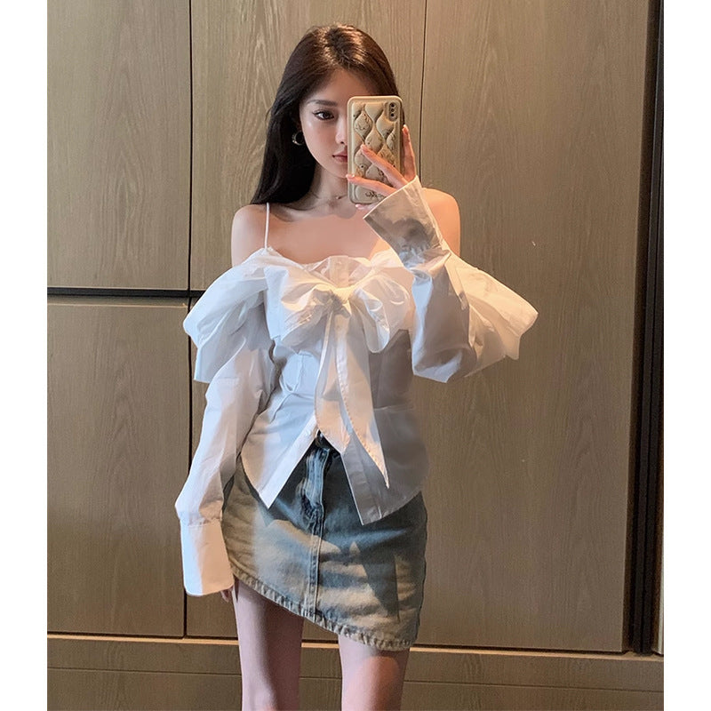 fall outfits Butterfly Shirt Wear off-Shoulder Bow Shirt