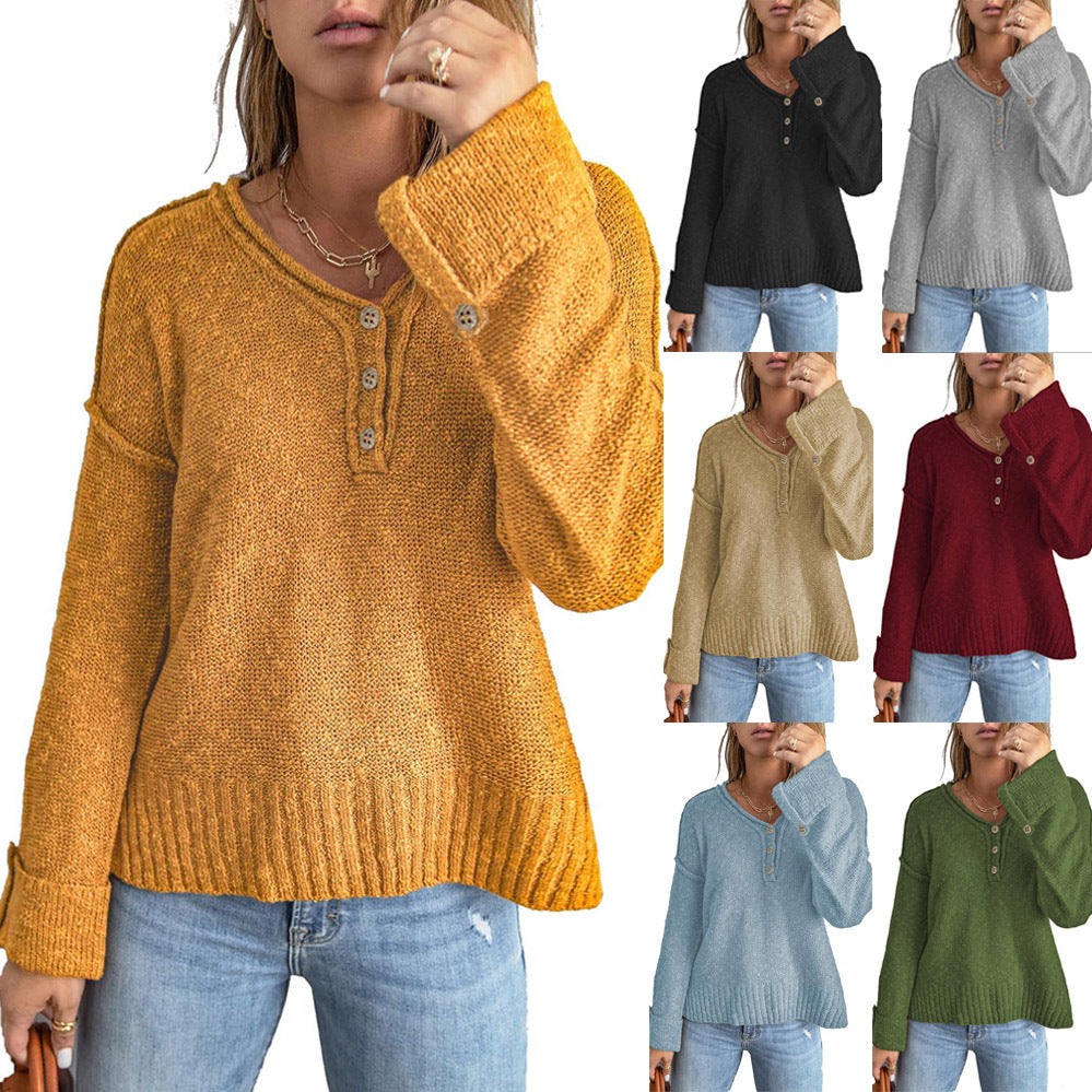 Women's Autumn and Winter Fashion New Loose Button Knitted off-Shoulder Sweater Women
