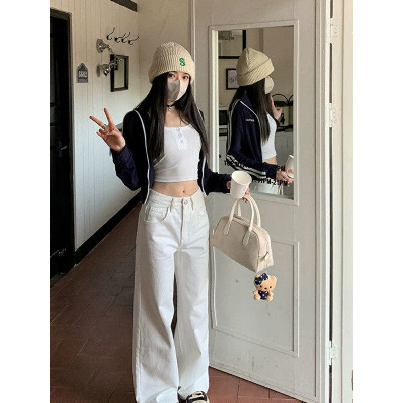 90s streetwear White Wide-Leg Loose Jeans for Women Spring and Summer New High Waist Slimming Versatile Straight Pants Draping Long Pants