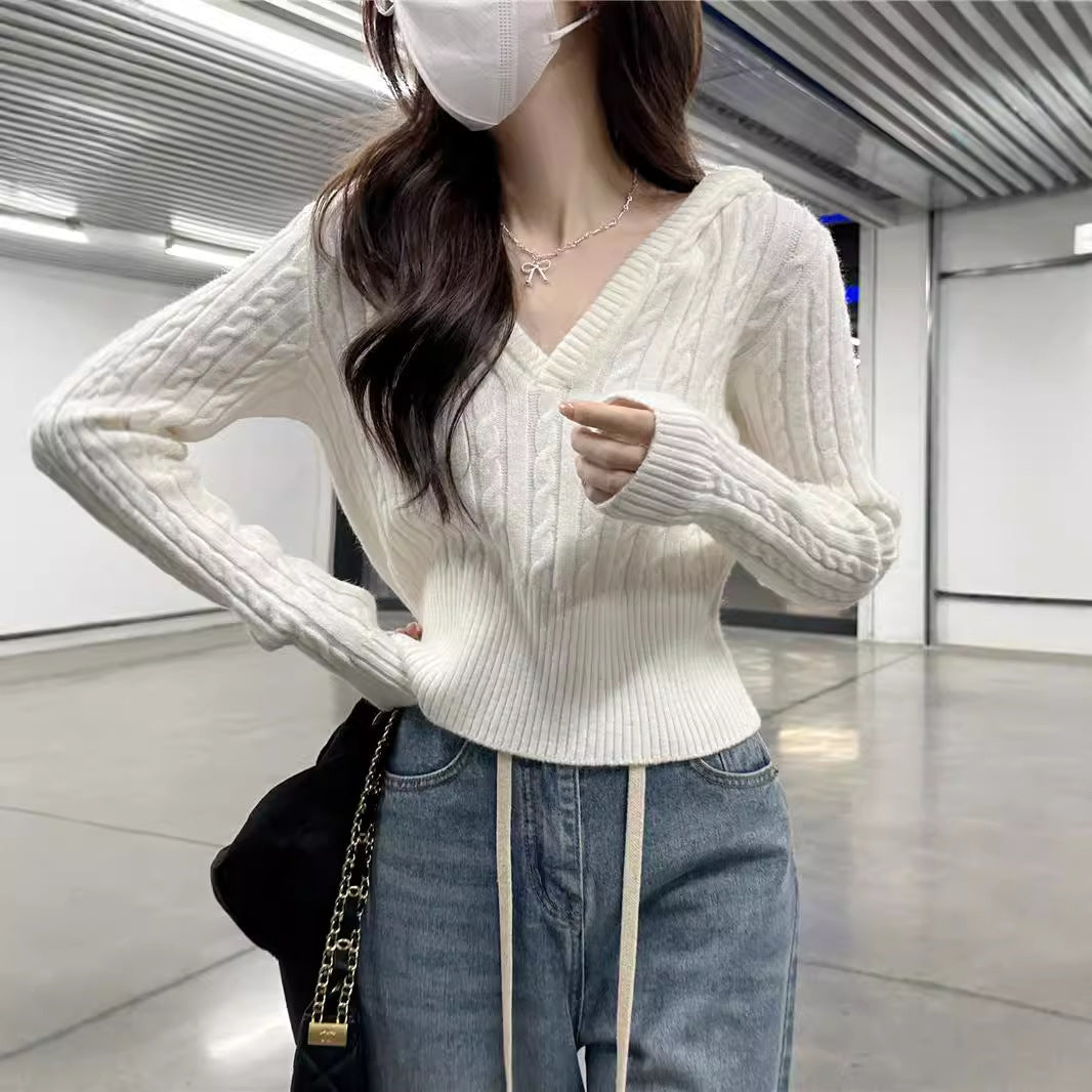 casual outfits Autumn Women's Mishen * Hooded Twist Sweater Women's Autumn Short V-neck Tight Waist Sweater Pullover Top