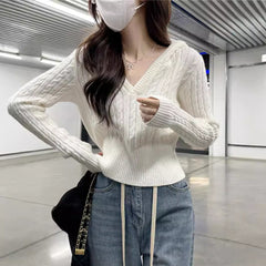 casual outfits Autumn Women's Mishen * Hooded Twist Sweater Women's Autumn Short V-neck Tight Waist Sweater Pullover Top