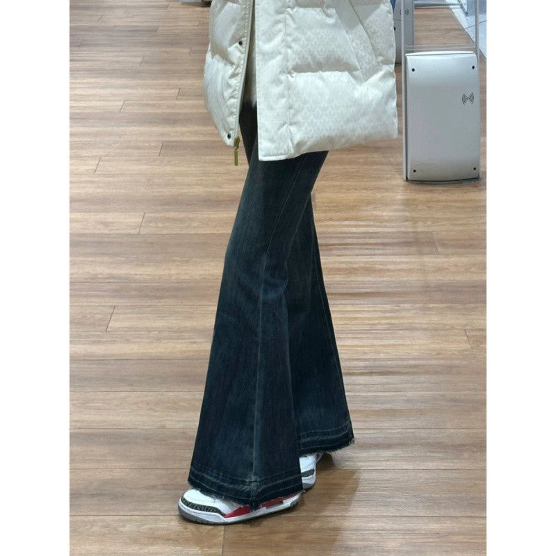 going out outfits Non-Stick Leg Retro Frayed Micro Flared Jeans Women's Spring and Autumn High Waist Loose Slimming Small plus Size Mop Pants