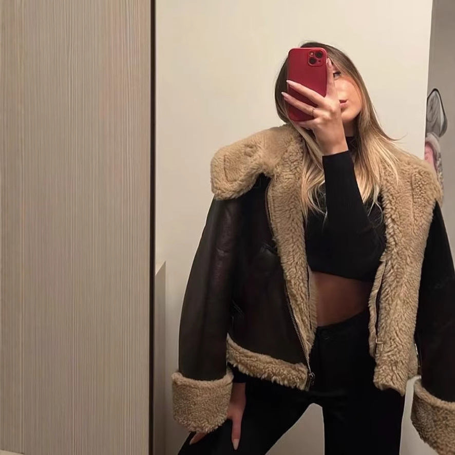 cold birthday outfit Winter New Women's Street Fashion Double-Sided Motorcycle Jacket Jacket