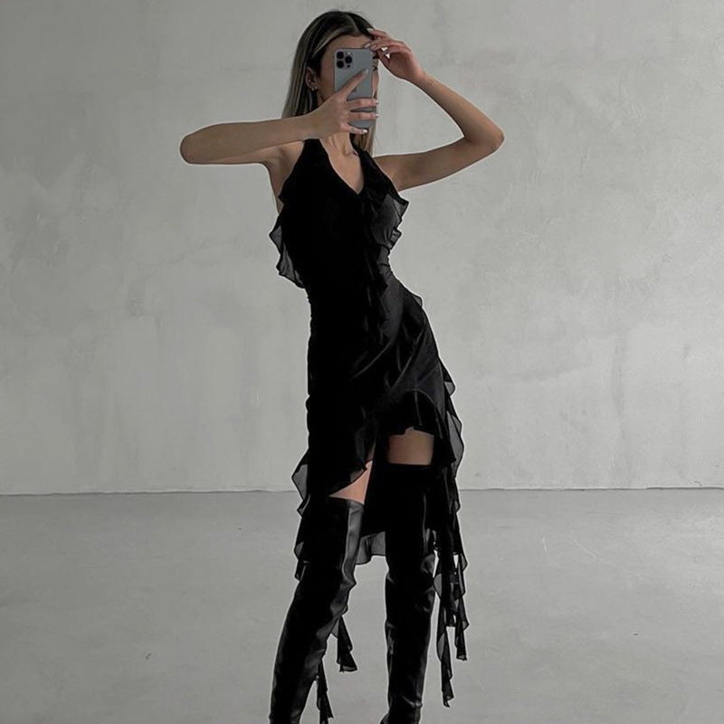 dress to impress outfits Spring New Sexy Pure Desire Style Deep V Halter Ruffled Irregular Slim Fit Dress