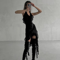 dress to impress outfits Spring New Sexy Pure Desire Style Deep V Halter Ruffled Irregular Slim Fit Dress