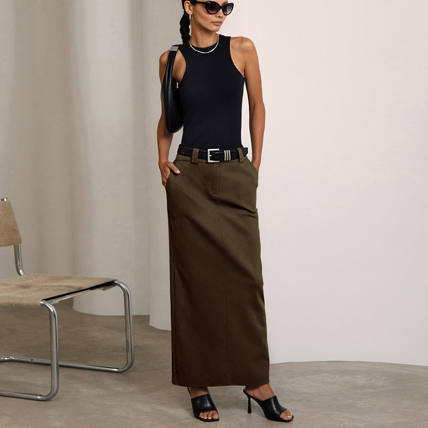 business casual outfits Gray Commuter Workplace Style Split High Waist Straight Skirt New Autumn Fashion Long Skirt