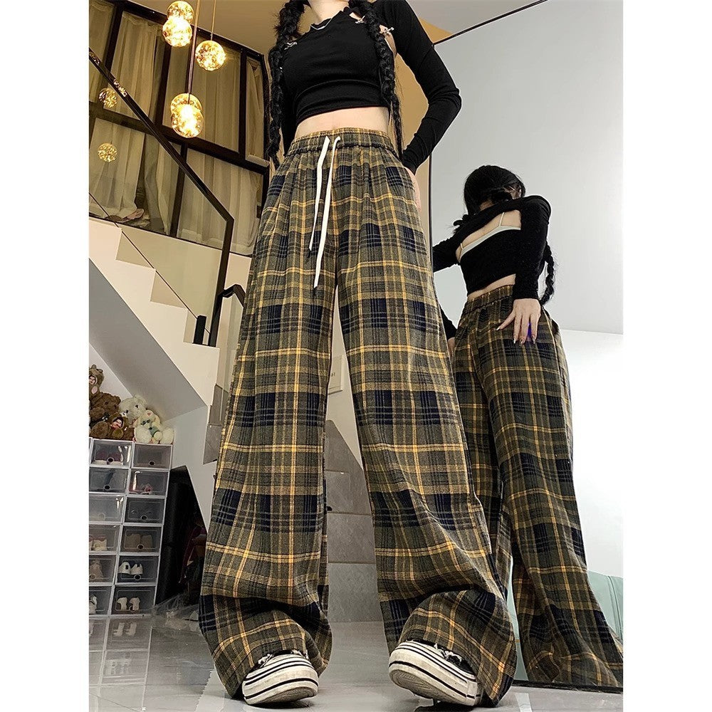 fall outfits aesthetic Retro Brushed Plaid Casual Pants Women's Autumn New High Waist Straight Pants Slimming Wide Leg Mop Long Pants