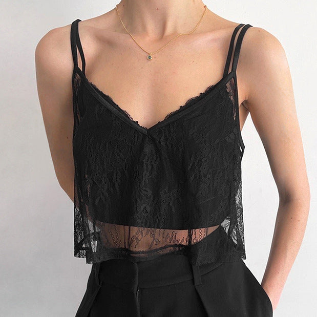 y2k outfits Sexy Polyester Lace Sling V-neck Short Pullover Vest Summer Fashion Women