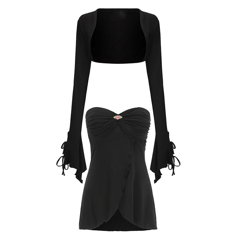 princess costume ideas Women's Autumn and Winter Wrapped Chest Long Sleeve Shawl Pleated Ruffled Short Skirt Casual Suit Women