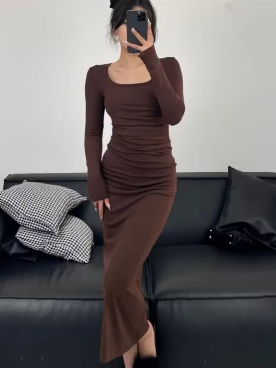 fashion outfits Autumn and Winter Korean Style Square Collar Long Sleeve Solid Color Mid-Length Dress High Waist Slimming Hip Skirt