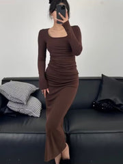 fashion outfits Autumn and Winter Korean Style Square Collar Long Sleeve Solid Color Mid-Length Dress High Waist Slimming Hip Skirt