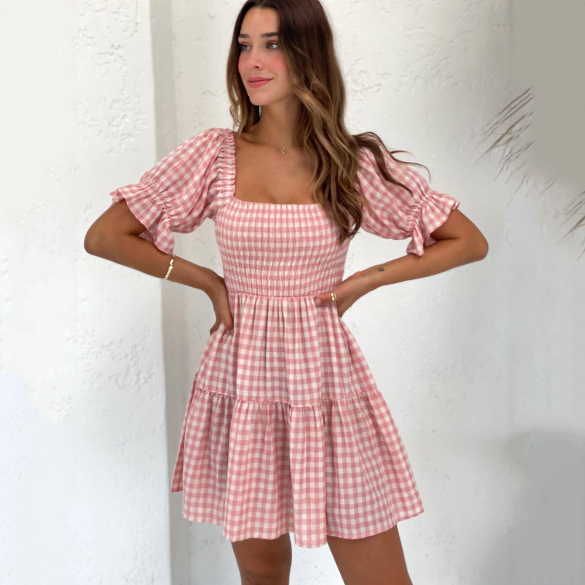 dorothy costume Women's Summer Plaid Printed Square Collar Puff Sleeve Pleated Corset Casual Dress