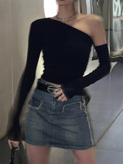 trashy outfits Black off-the-Shoulder Long Sleeve T-shirt Women's Autumn Niche Tight Short Bottoming