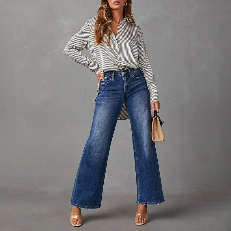 2000s fashion New Washed Dark Blue Straight High Elastic Women's Denim Trousers Super Hot