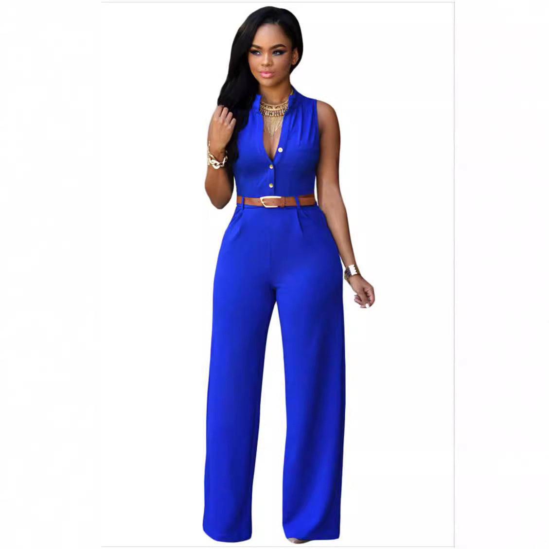 business casual Sexy Stand Collar Women's Jumpsuit Single-Breasted High Waist Hip Lifting Wide Leg Pants with Belt