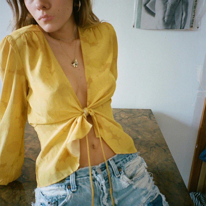 fruitful fashion dress to impress 2024ins Cloud Print Sexy V-neck Chest Front Lace-up Lantern Sleeve Short Chiffon Shirt