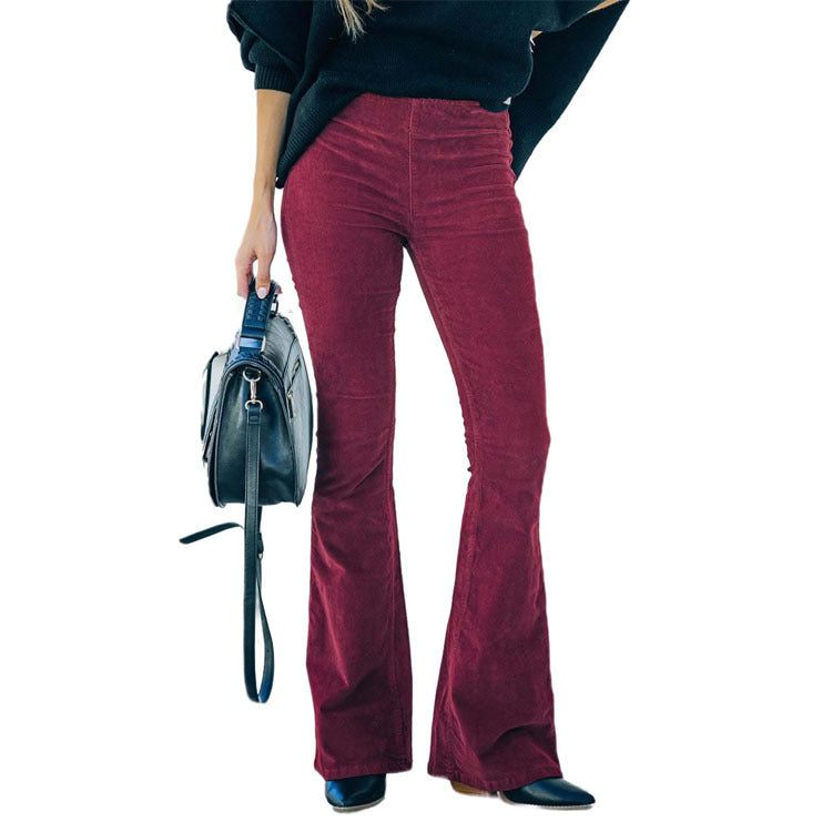 fall fits 2024 Spring and Summer Women's Solid Color High Waist Slim Micro Flared Pants Corduroy Elastic Waist Casual Pants