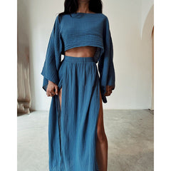 outfit ideas Leisure Vacation Linen Blend Short Top High Waist Chic Slit Cotton Linen Casual Two-Piece Set Suit