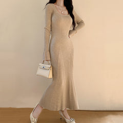 fashion outfits Korean Style Autumn and Winter Slim-Fit Knitted Hip Skirt Age-Reducing Long Sleeve Dress Women's Fashion