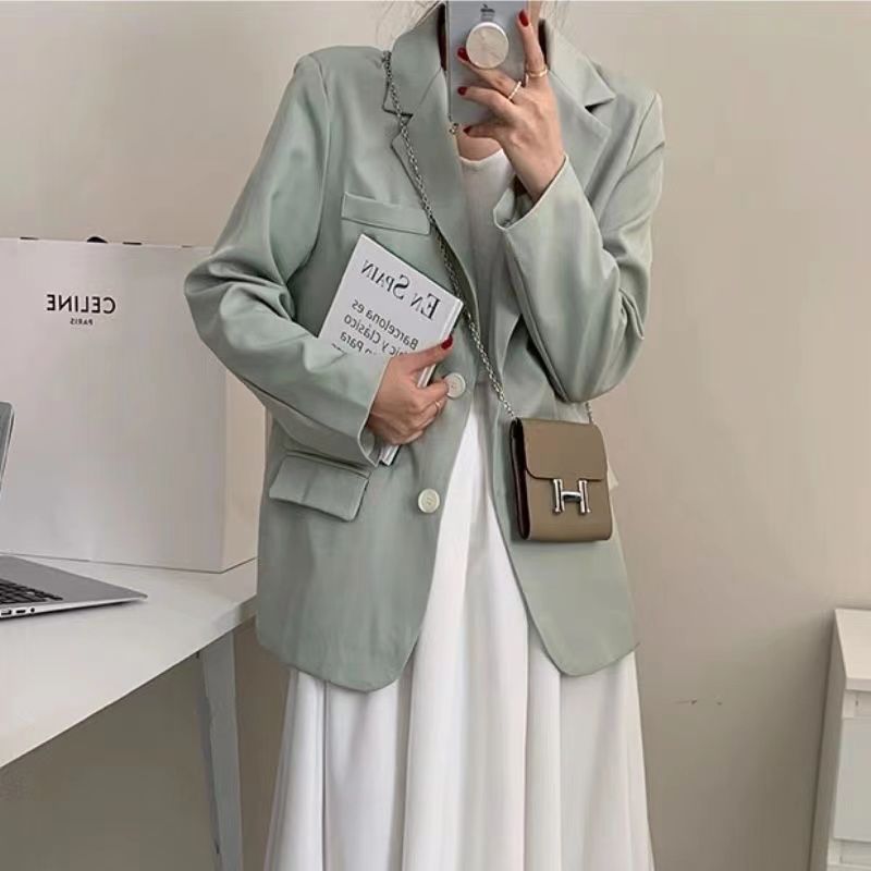 church outfit Spring Retro Casual Suit Jacket Women's Suit Spring and Autumn Jacket Small Fresh Green Spring Sweet Suit