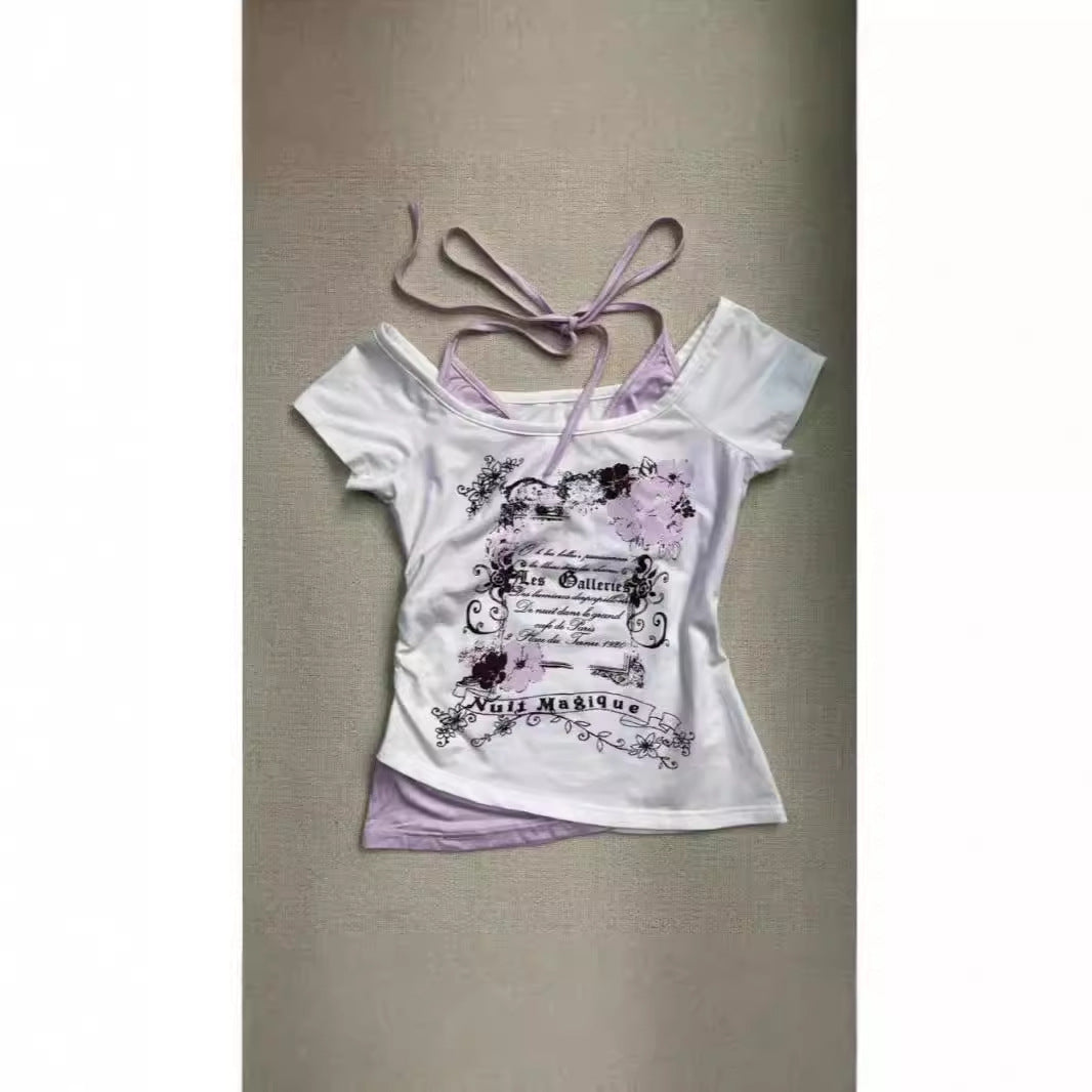 fashion outfits Feishi Style Retro Vintage Halter Fake Two-Piece Short-Sleeved T-shirt Mid-Ancient Summer Short Top