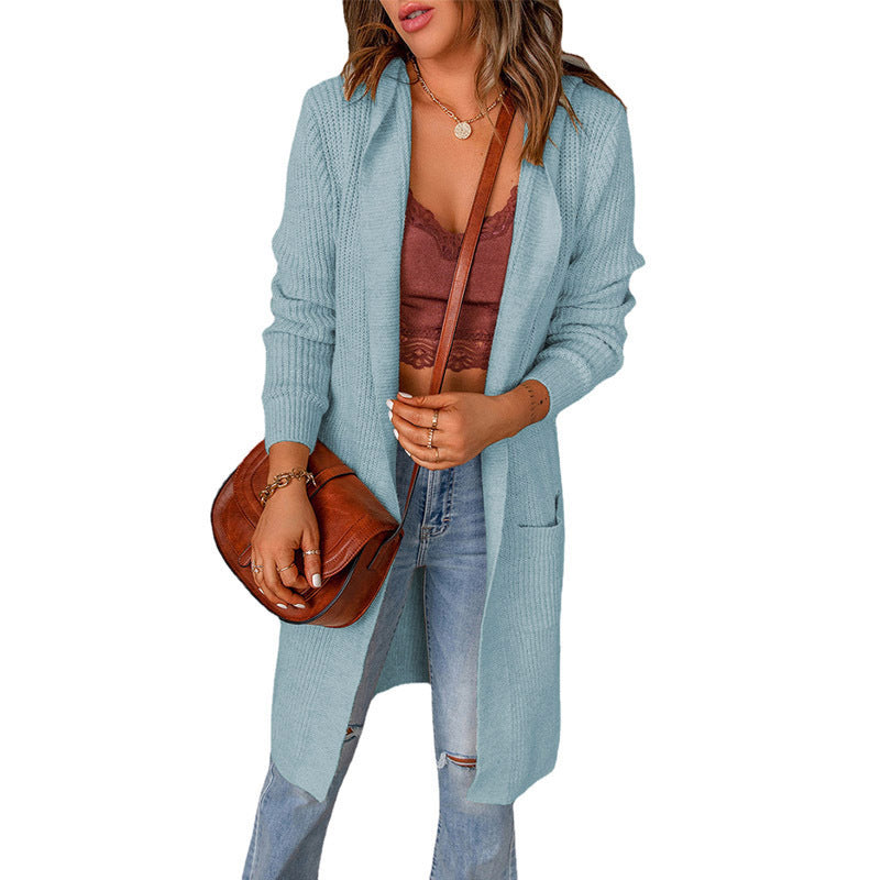 Fashion Autumn and Winter New Solid Color Hooded Coat Women's Mid-Length Shirt Long Sleeve Sweater