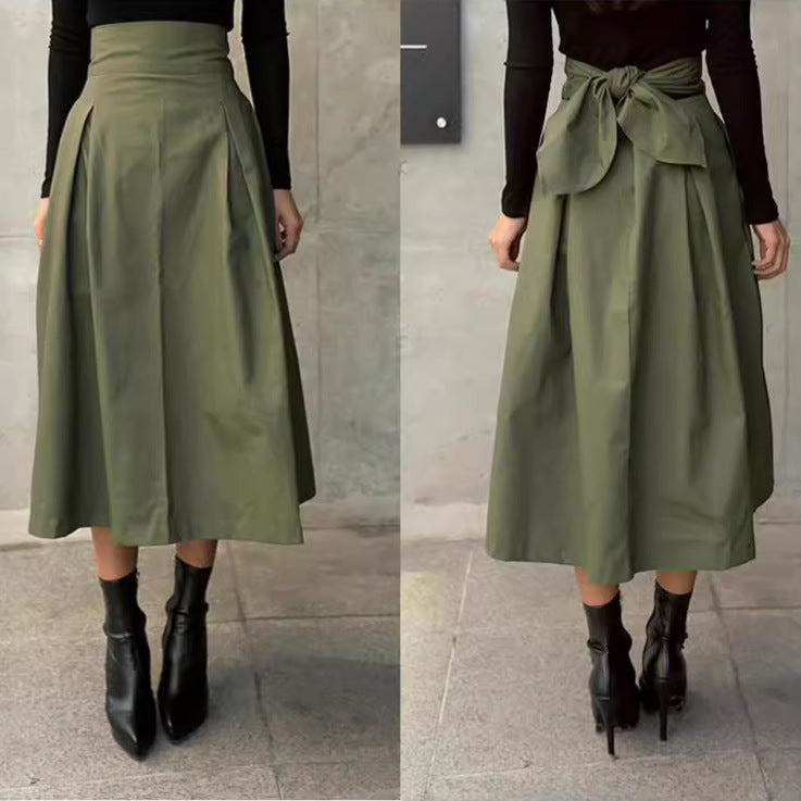 fashion outfits Women's Spring Women's Solid Color Skirt A- Line Umbrella Skirt Bow Waist Large Swing Dress