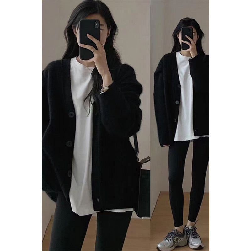 datenight fall outfits Korean Style Black Knitted Sweater Cardigan Coat Women's Gentle Lazy Style Autumn and Winter Soft Glutinous V-neck Top